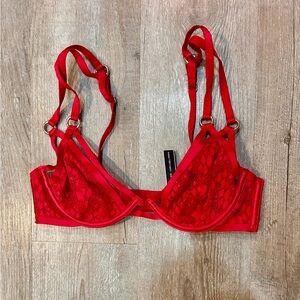 Victoria's Secret Very Sexy Unlined Plunge Red Lace Strappy Bra SZ 34B